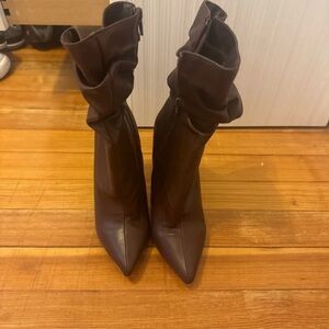 Boots Dark Brown Pointed-Toe Slouchy Mid-Calf Heeled Boots